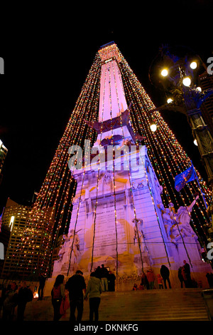 The Soldier and Sailor Monument in Downtown Indianapolis, Indiana dressed in Christmas lights for the holiday season. Stock Photo