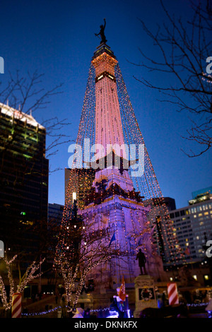 The Soldier and Sailor Monument in Downtown Indianapolis, Indiana dressed in Christmas lights for the holiday season. Stock Photo