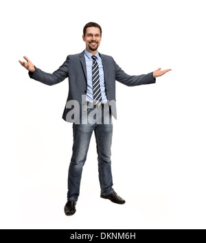 Successful business man with open arms - isolated over a white background Stock Photo