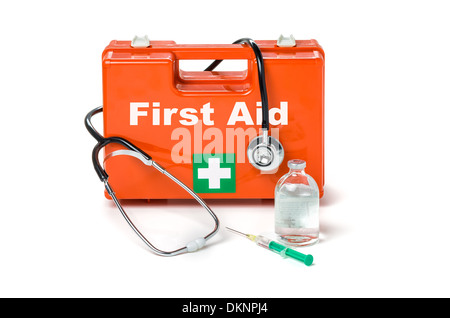 First aid kit with stethoscope and syringe Stock Photo
