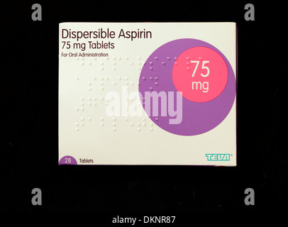 Dispersible Aspirin 75mg tablets, soluble, pack, packet, packs, packets, tablet, medicine, medicines, cholesterol reducing, anti Stock Photo