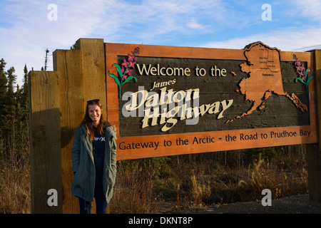 Sign board for the start of the James Dalton Highway from Livengood Alaska USA to the Arctic Ocean Stock Photo
