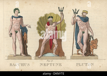 Bacchus, Neptune and Pluto, Roman gods of wine, the sea, and the dead. Stock Photo