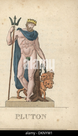 Pluto, Roman god of the dead, with trident and hellhound Cerberus. Stock Photo