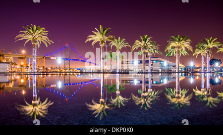 Vincent Thomas Bridge and Palm Tree reflections in San Pedro, Los Angeles, California. Stock Photo