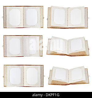 Set of old open photo albums with place for your photos isolated on white background. Closeup. Stock Photo
