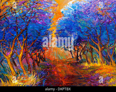 Original oil painting showing beautiful sunset landscape.Autumn forest and sun rays . Modern Impressionism Stock Photo