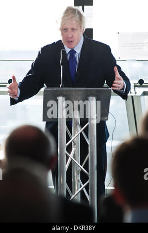 London, UK. 9th Dec, 2013. The Mayor of London, Boris Johnson, gives a keynote speech during an HGV/cycle safety event at City Hall attended by construction and transport trade associations, property developers, contractors and vehicle manufacturers. Credit:  Piero Cruciatti/Alamy Live News Stock Photo