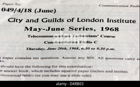 old exam papers for Telecommunications qualifications UK (1960s) Stock Photo