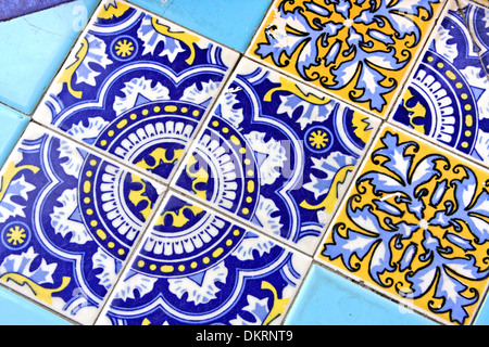 Close up of traditional Spanish ornate ceramic wall tiles. Multi coloured with pale & dark blues & yellow, Malaga, Spain Stock Photo