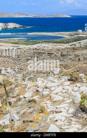 Delos Island landscape overlooking the Sacred Harbour, Delos, Cyclades, Greece Stock Photo