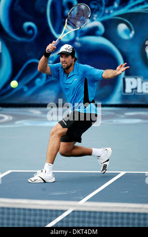 Feb. 20, 2010 - Delray, FL - Florida, USA - United States - fl-delray-champions-tennis-0220d  Patrick Rafter returns with a big forehand against Pat Cash during a ATP Champions Tour match at the Delray Beach Tennis Center..  Photo/Michael Francis McElroy, for the South Floirda Sun-Sentinel (Credit Image: © Sun-Sentinel/ZUMApress.com) Stock Photo