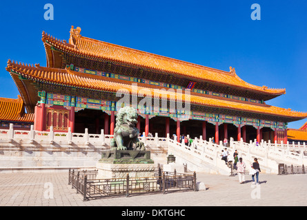 Male bronze lion in front of the Gate of Supreme Harmony Outer Court Forbidden City Beijing Peoples Republic of China PRC Asia Stock Photo