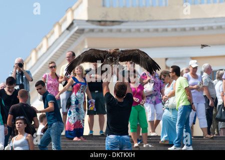 Hustlers on the Potemkin Stairs in Odessa selling tourists the opportunity to have a photograph taken with an eagle. Stock Photo