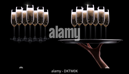 waiter hand with champagne on black background Stock Photo