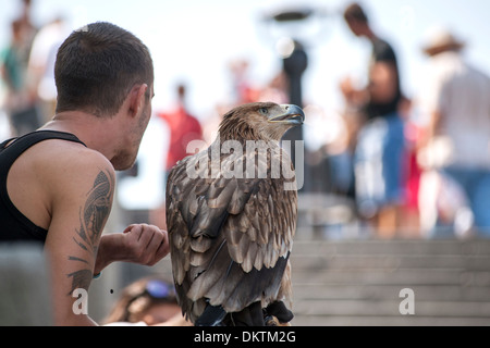 Hustler on the Potemkin Stairs in Odessa selling tourists the opportunity to have a photograph taken with an eagle. Stock Photo