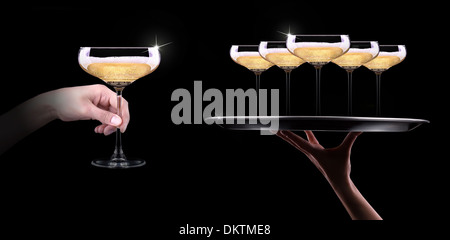 waiter hand with champagne on black background Stock Photo