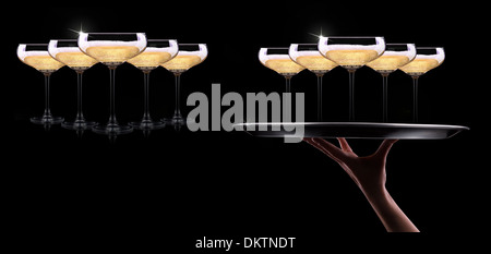 waiter hand with champagne on black background Stock Photo