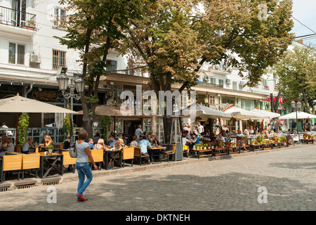 Cafes on Deribasovskaya street in Odessa, Ukraine. Stock Photo