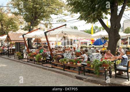 Cafes on Deribasovskaya street in Odessa, Ukraine. Stock Photo