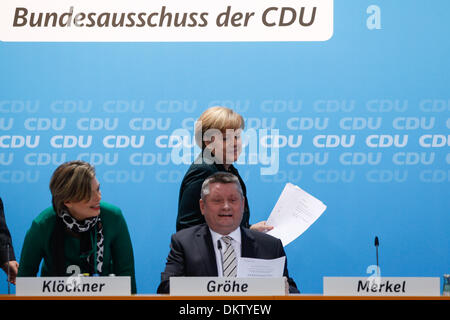 Berlin, Germany. 9th Dec, 2013. Berlin, Germany. 09th December, 2013. CDU comes together in Berlin to discuss the coalition contract between CSU/CDU and the SPD. / Picture: Angela Merkel, German Chancellor, and (left) Hermann Groehe (CDU), CDU General Secretary, Volker Kauder (CDU), chairman of the CDU parliamentary group, Credit:  Reynaldo Paganelli/NurPhoto/ZUMAPRESS.com/Alamy Live News Stock Photo