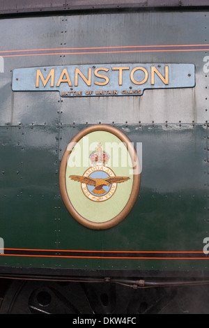 Manston Battle of Britain class sign on steam engine train at Swanage, Dorset UK in December Stock Photo