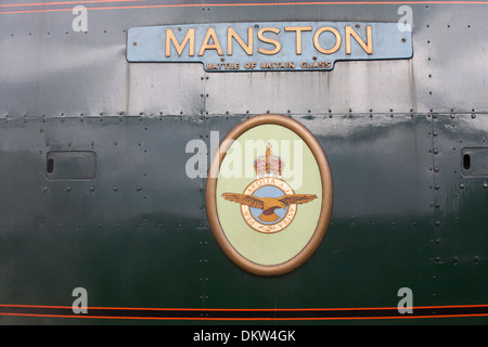 Manston Battle of Britain class sign on steam engine train at Swanage, Dorset UK in December Stock Photo