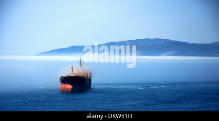 View from Gibraltar across the bay inc a tanker and pilot. Stock Photo