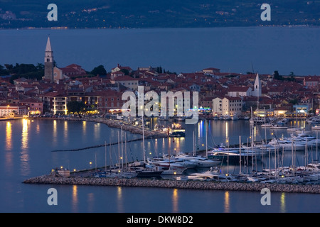 Evening evening Adriatic Old Town anchor outside Balkan boats Europe Izola marina sail boats Slovenia town city town view Stock Photo