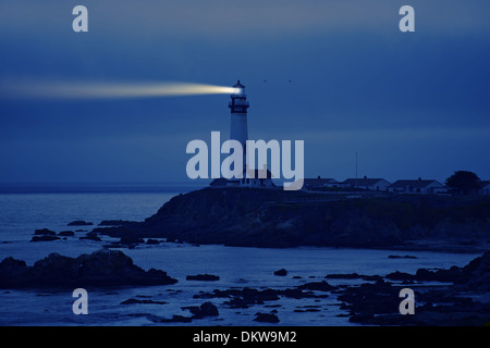 Lighthouse in California. Pigeon Point Lighthouse, CA, USA. Pacific Ocean Cost Landscape. Lighthouse at Night. Stock Photo