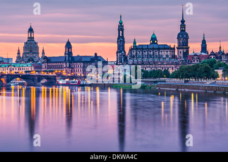 Dresden, Germany above the Elbe River at dawn.