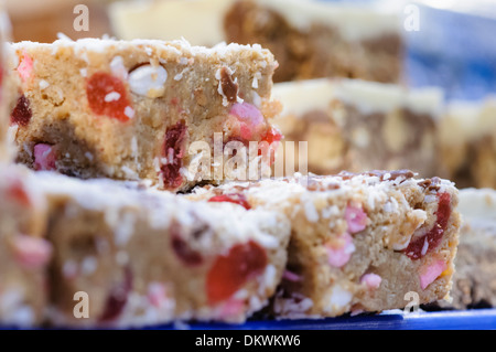 Fifteens, a traybake popular in Northern Ireland, made of marshmallow, coconut, cherries and biscuits. Stock Photo