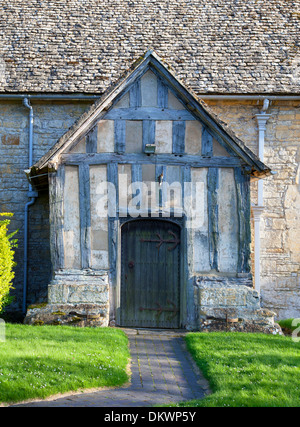 Timber-framed church porch, Long Marston Church, Warwickshire, England. Stock Photo