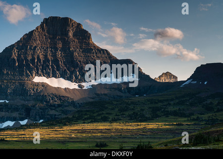 Beautiful sunset light falling on Reynolds mountain in Glacier National Park, Montana. Stock Photo