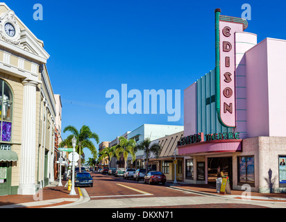View down Hendry Street at Main Street intersection with the Edison Theater to right, River District, Fort Myers, Florida, USA Stock Photo