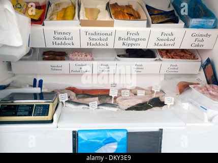 Interior of a fishmongers van in a North Yorkshire England UK street market
