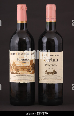 Two bottles of French red wine, Grand Vin, Vieux Chateau Certan, VCC, Pomerol of year 2003 and La Gravette de Certan 2007 Stock Photo