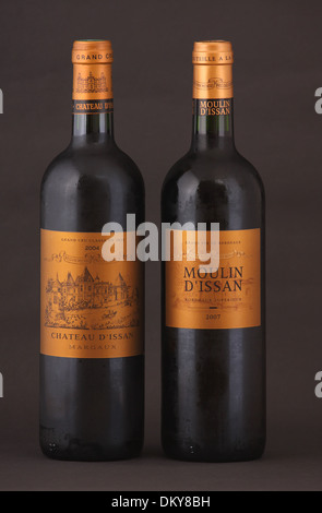 Two bottles of French red wine, first growth Chateau d'Issan, Margaux, Grand Cru Classe, 2004, second growth is Moulin d'Issan Stock Photo