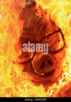 Manila, Philippines. 10th Dec, 2013. A burning effigy is seen during a protest rally commemorating the International Human Rights Day in Manila, the Philippines, on Dec. 10, 2013. Credit:  Rouelle Umali/Xinhua/Alamy Live News Stock Photo