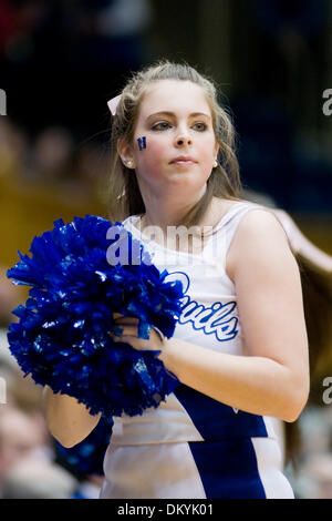 Feb. 11, 2010 - Durham, North Carolina, U.S - 11 February 2009: Duke Cheerleader leads a cheer..Duke gets a win over NC State 70- 39 at Cameron indoor stadium, Durham NC..Mandatory Credit: Mark Abbott / Southcreek Global (Credit Image: © Mark Abbott/Southcreek Global/ZUMApress.com) Stock Photo