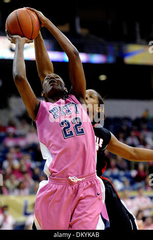 Feb. 14, 2010 - Pittsburgh, PA, U.S - 14 February 2010: University of Pittsburgh junior forward Chelsea Cole (22) goes for two points as University of Louisville junior center Keshia Hines (45) tries to block her shot in the first half of NCAA women's Big East basketball action at the Petersen Events Center in Pittsburgh, PA...The Pitt Panthers players are wearing pink uniforms to  Stock Photo