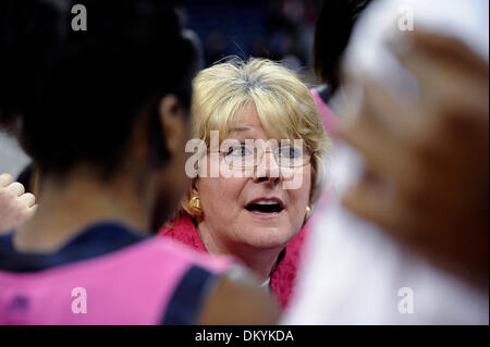 Feb. 14, 2010 - Pittsburgh, PA, U.S - 14 February 2010: University of Pittsburgh head coach Agnus Berenato talks to her team after a win over the University of Louisville in NCAA women's Big East basketball action at the Petersen Events Center in Pittsburgh, PA. by a score of 72-69. Coach Berenato told her team how much she loved them and praised them for their dedication...The Pit Stock Photo