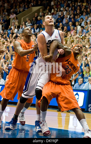 Feb. 21, 2010 - Durham, North Carolina, U.S - 21 February 2009: Duke Senior Center #55 Brian Zoubekbattles Virgina Tech's (5)Dorenzo Hudson Guard and Virgina Tech's (33)JT Thompson Forward for position..Duke pulls out a 67-55 win over Virginia Tech at Cameron Indoor Stadium, Durham NC..Mandatory Credit: Mark Abbott / Southcreek Global (Credit Image: © Mark Abbott/Southcreek Global/ Stock Photo