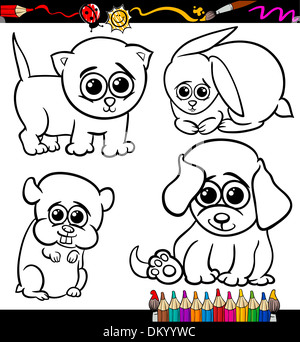 Coloring Book or Page Cartoon Illustration Set of Black and White Cute Baby Pets Animals Mascot Characters for Children Stock Photo