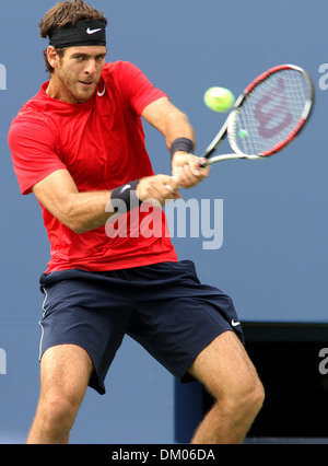 Juan Martin Del Potro of Argentina wins against Andy Roddick (USA) in their men's singles fourth round match on Day Ten of 2012 Stock Photo