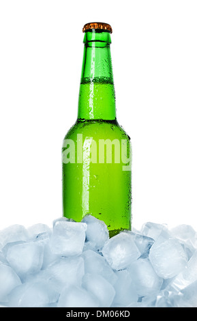 bottle of beer on ice isolated Stock Photo