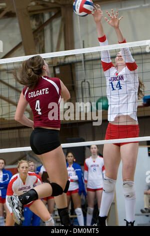 Nov. 21, 2009 - West Point, New York, U.S - 21 November 2009:  American's Claire Recht blocks a spike by Colgate's Kaylee Dougherty during game action at the Patriot League Volleyball CHampionship Semi-Finals at Gillis Field House in West Point, NY.  The Army Black Knights defeated Lehigh 3-0, while the American University Eagles defeated the Colgate Raiders3-0.  Mandatory Photo Cr Stock Photo
