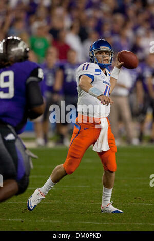 Jan. 05, 2010 - Glendal, Arizona, U.S - 04 January 2010: Boise State's Kellen Moore (11) drops back to pass during second half action of the 39th annual Tostitos Fiesta Bowl between the Boise State Broncos and the TCU Horned Frogs.  Boise State won the game 17-10. (Credit Image: © Stanley Brewster/Southcreek Global/ZUMApress.com) Stock Photo