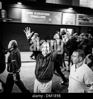 Everton fans arriving at Goodison Park before the Monday night match between Everton and Newcastle Utd, Liverpool, UK Stock Photo