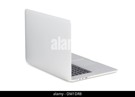 Back view of a rotated at a slight angle modern laptop isolated on white background. High quality. Stock Photo